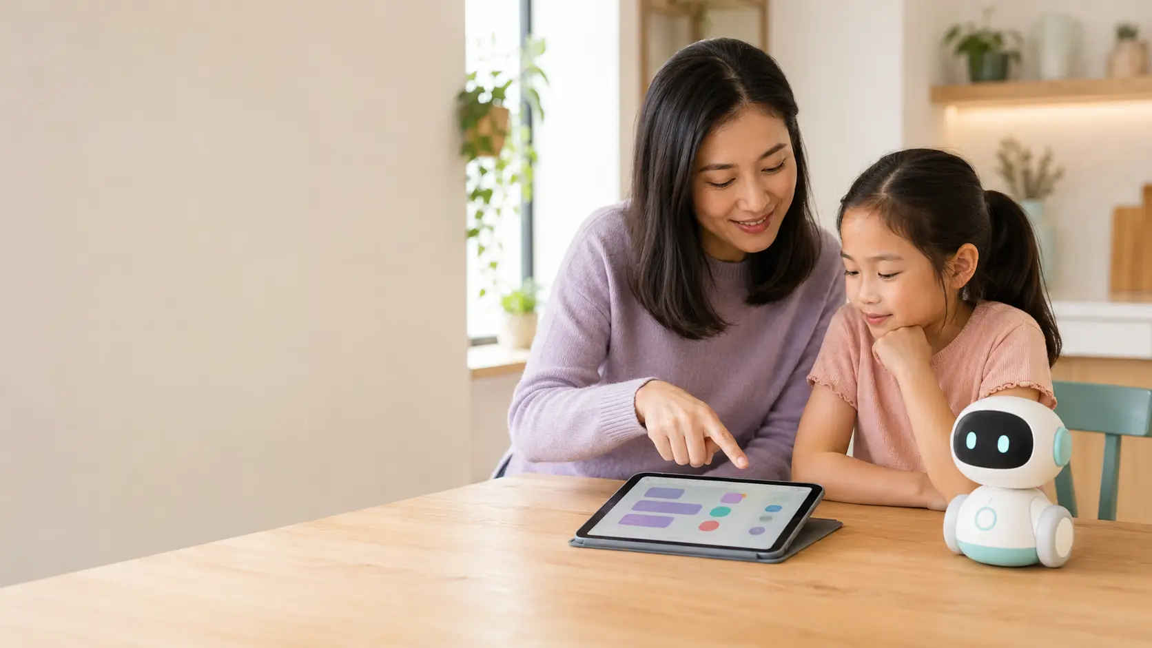 A mother and child reviewing connected toy settings