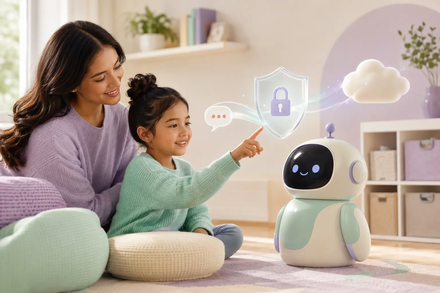 A mother and child reviewing voice privacy with a friendly robot