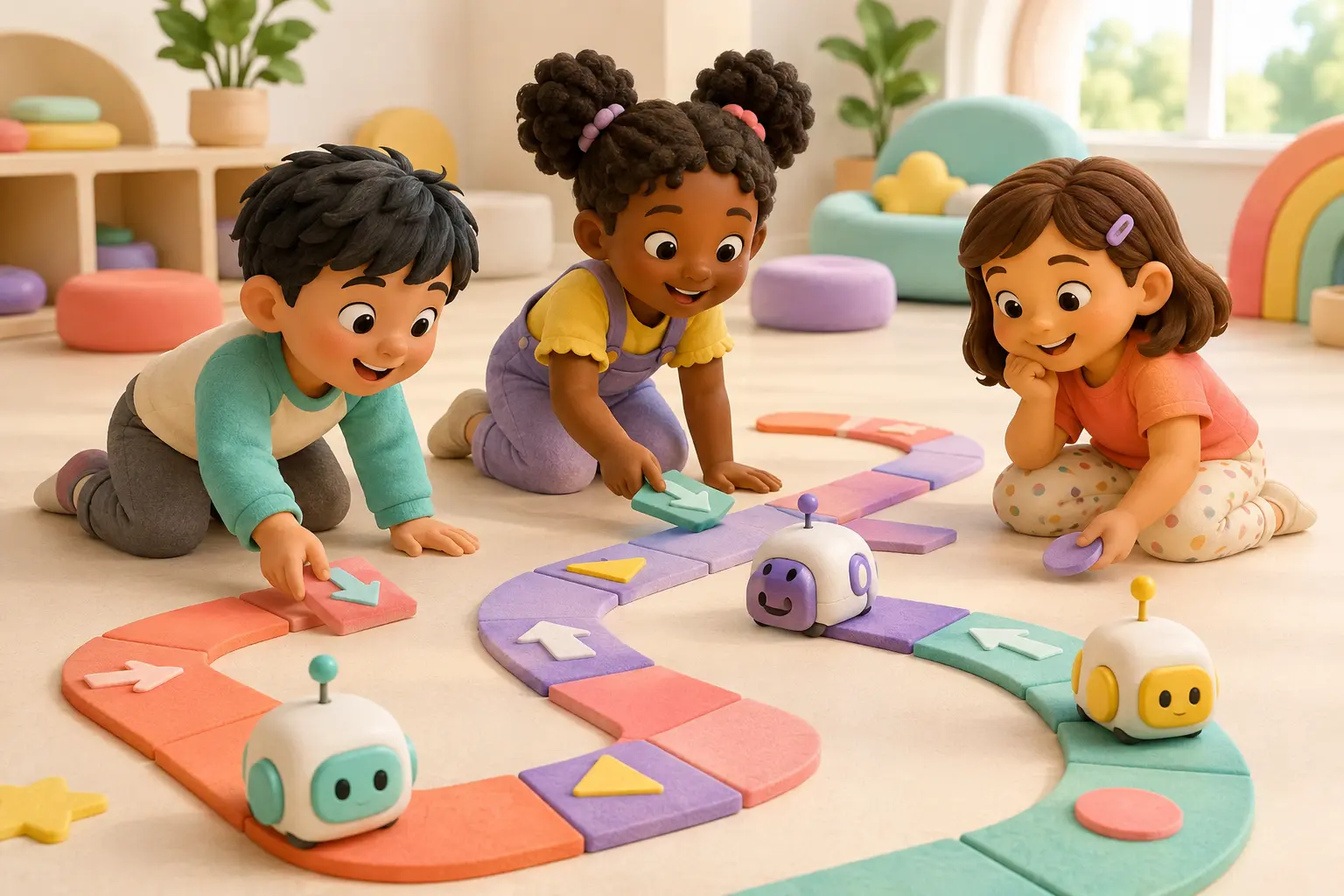 A family comparing coding robots for different ages