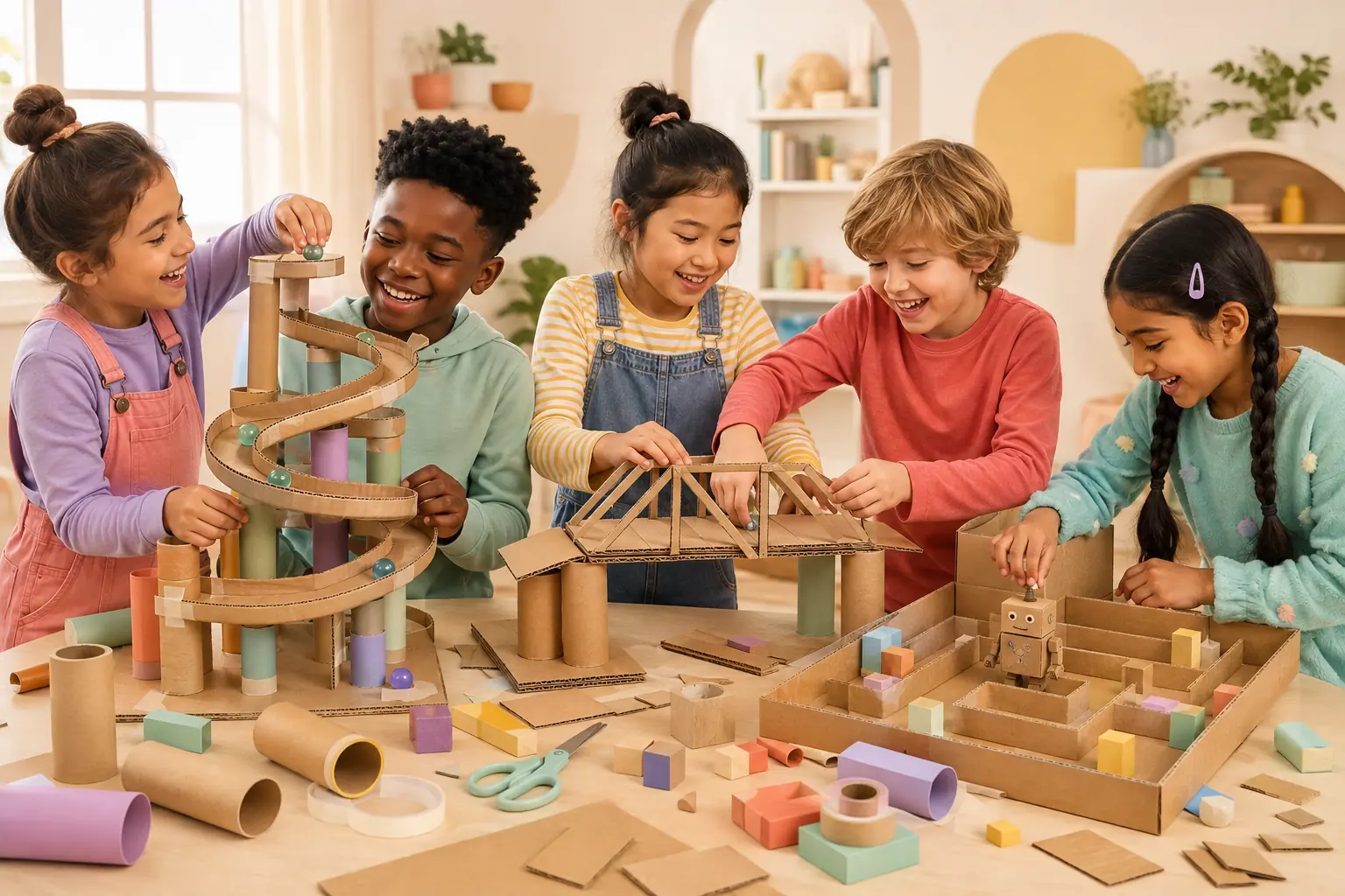 Children building bridges, marble runs, and robot mazes from cardboard