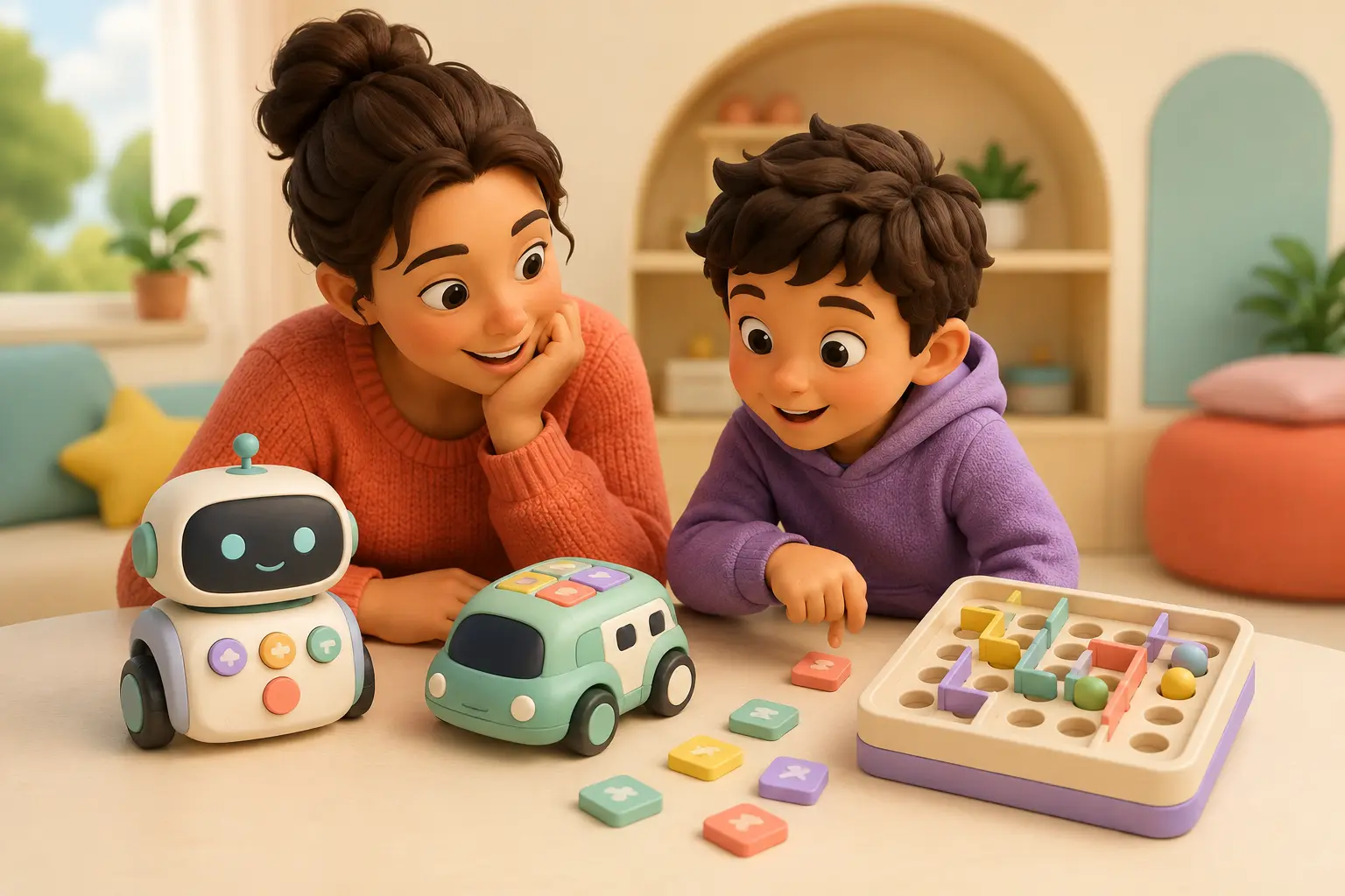 A parent and child comparing physical coding toy styles