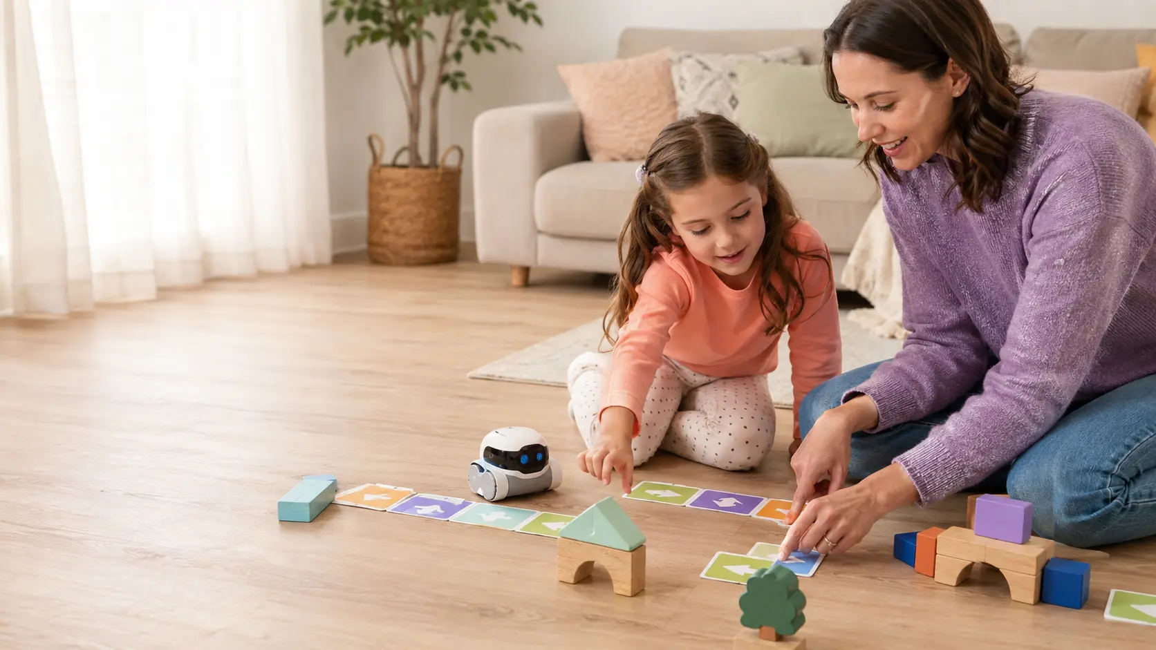 A parent and child playing with a screen-free coding activity
